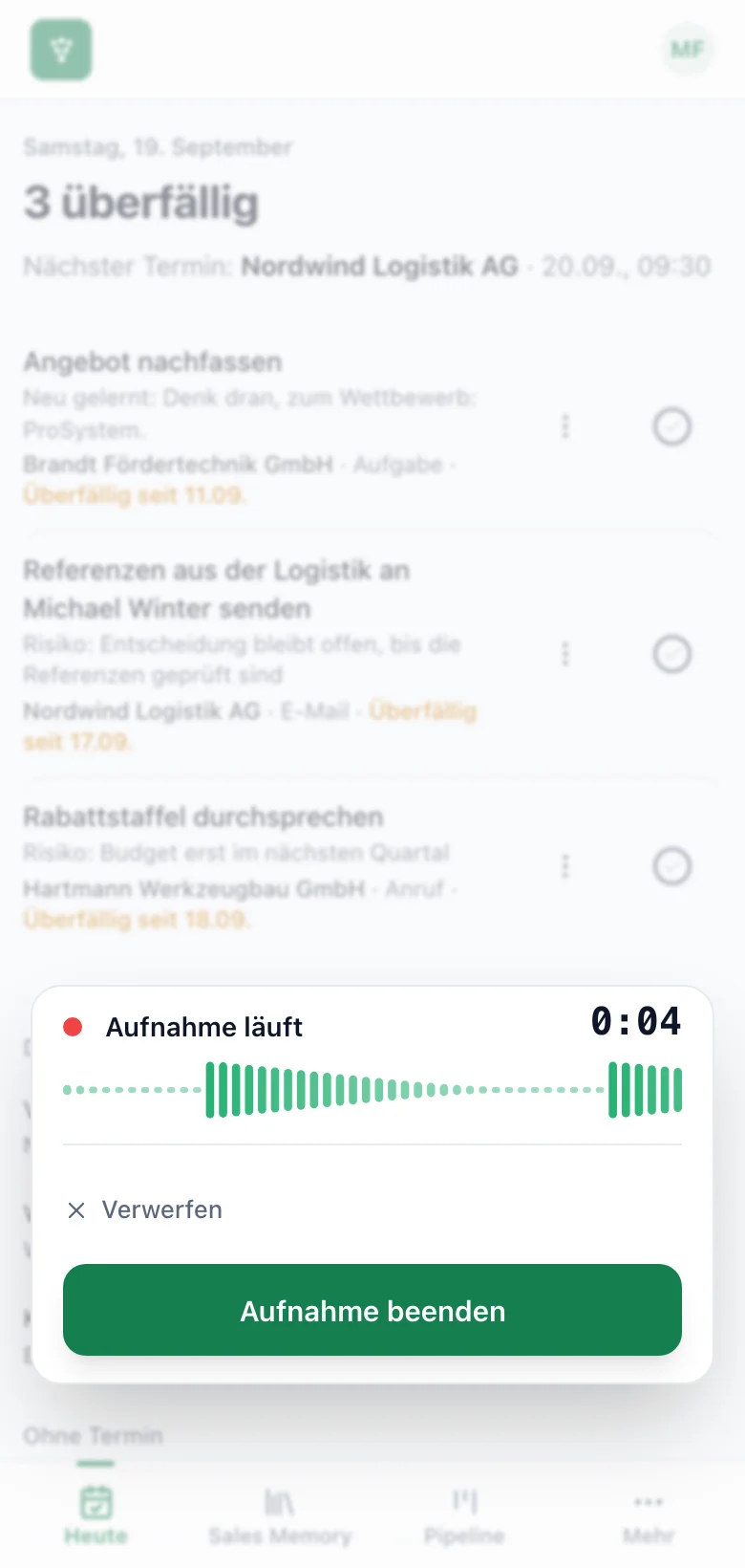 fieldbrain auf dem Telefon: die laufende Aufnahme direkt nach dem Termin, mit Laufzeit und Wellenform