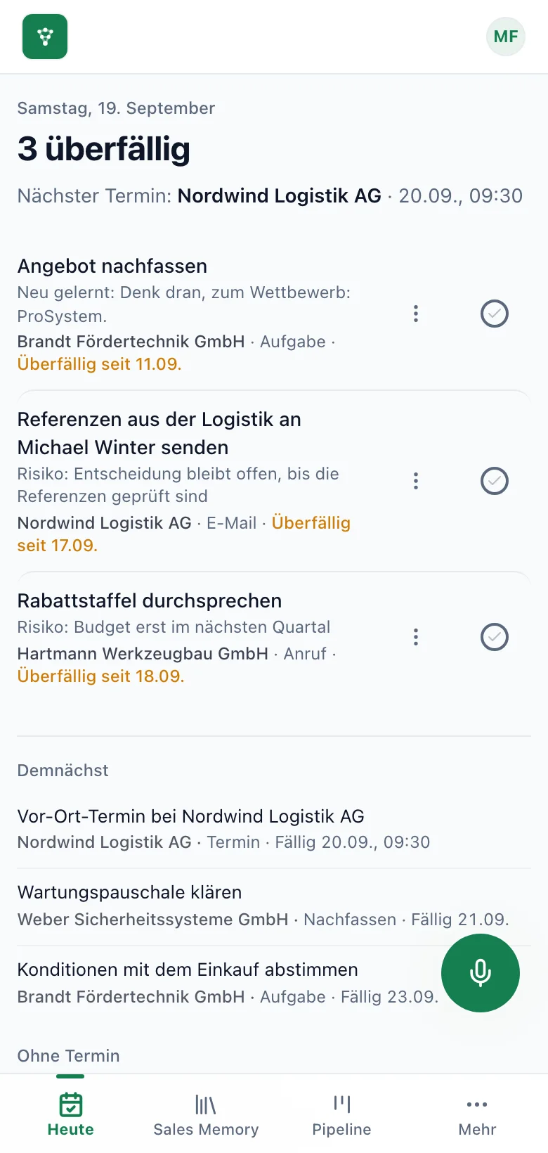 fieldbrain auf dem Telefon: Heute mit den überfälligen Aufgaben, dem nächsten Termin und dem Stand beim Kunden